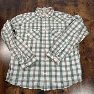 Patagonia Organic Cotton Men’s Long Sleeve Button Up Plaid Shirt Large Tan Green